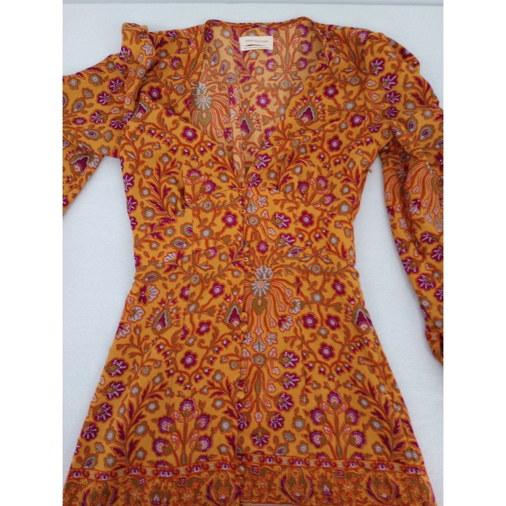 Urban Outfitters Mini Dress Womens Small Yellow Floral Long Sleeve Boho READ
